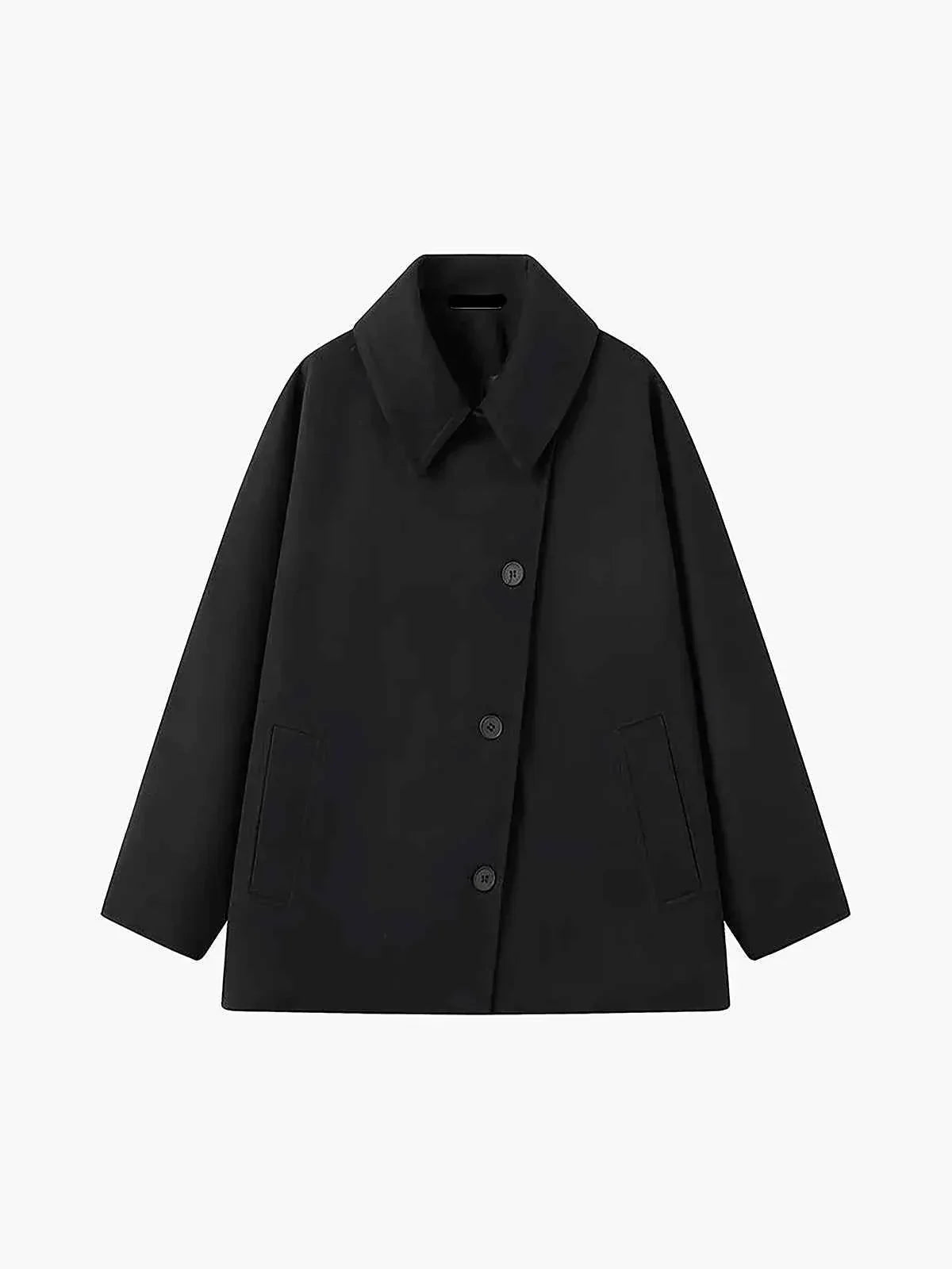 Oversized women's winter coat with lapel collar and asymmetrical buttons 