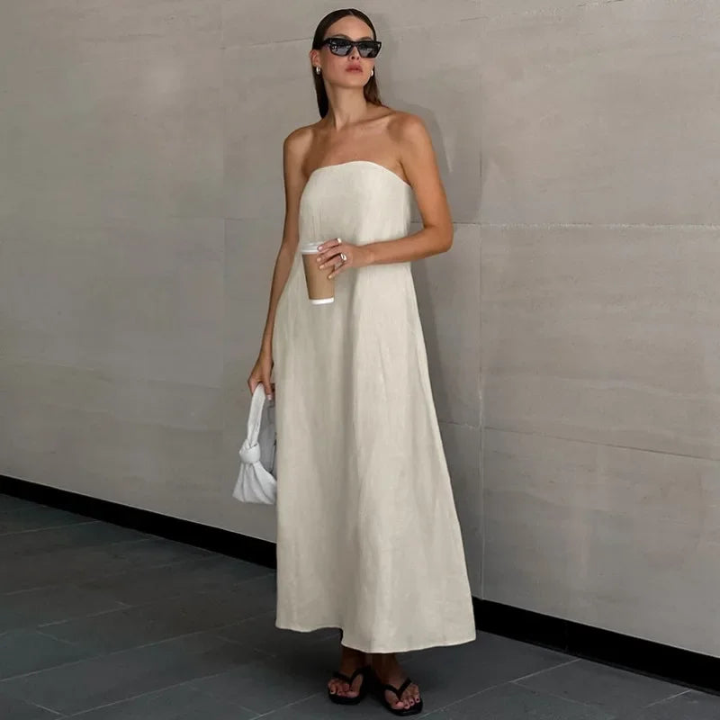 Sophia | Khaki linen dress with pockets