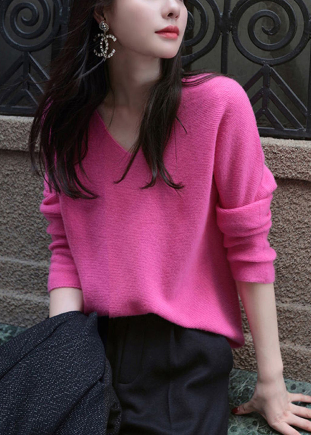 Noemi™ - Italian Rose V-Neck Warm Wool Knit Top Autumn