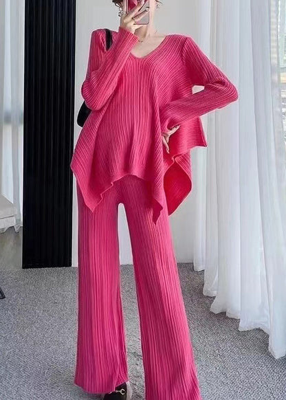 Miranda™ - Loose Rose V-neck Asymmetric Patchwork Cotton Knit Two-piece Set Autumn