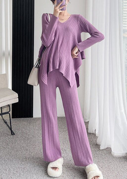 Miranda™ - Loose Rose V-neck Asymmetric Patchwork Cotton Knit Two-piece Set Autumn