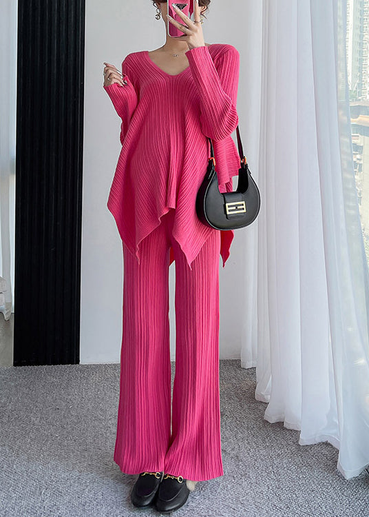 Miranda™ - Loose Rose V-neck Asymmetric Patchwork Cotton Knit Two-piece Set Autumn