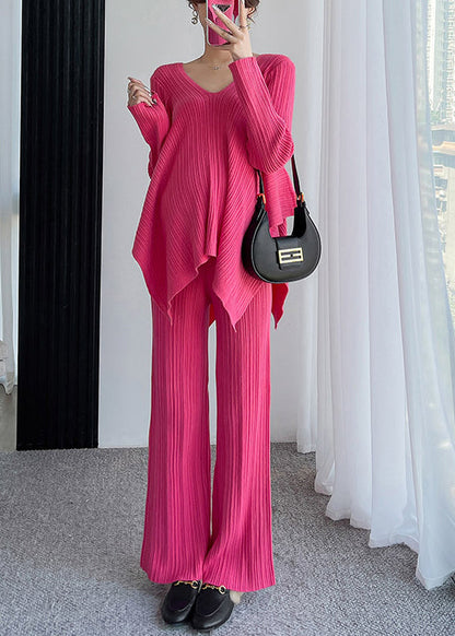 Miranda™ - Loose Rose V-neck Asymmetric Patchwork Cotton Knit Two-piece Set Autumn