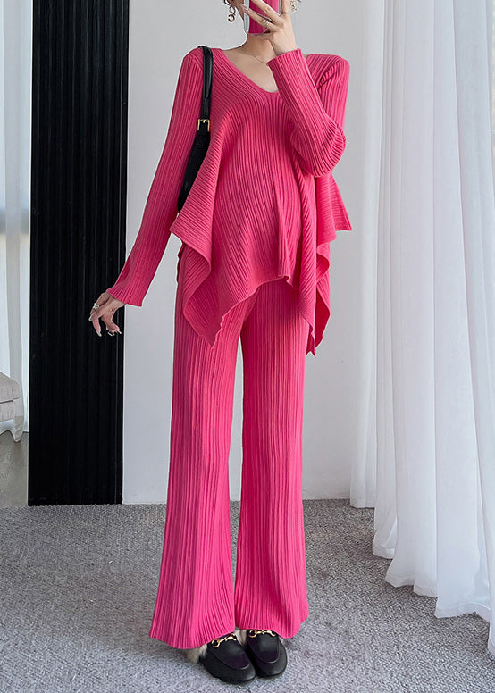 Miranda™ - Loose Rose V-neck Asymmetric Patchwork Cotton Knit Two-piece Set Autumn