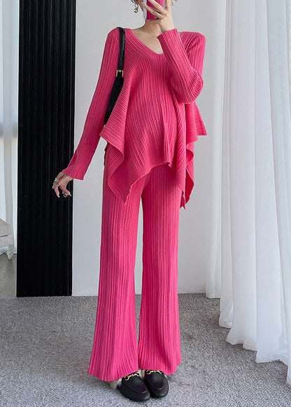 Miranda™ - Loose Rose V-neck Asymmetric Patchwork Cotton Knit Two-piece Set Autumn