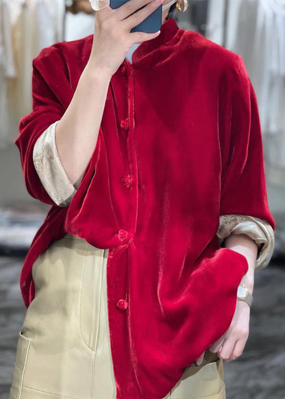Kirsten™ - New Wine Red Button Patchwork Silk Velour Blouses Autumn