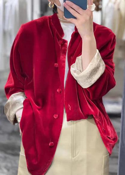 Kirsten™ - New Wine Red Button Patchwork Silk Velour Blouses Autumn