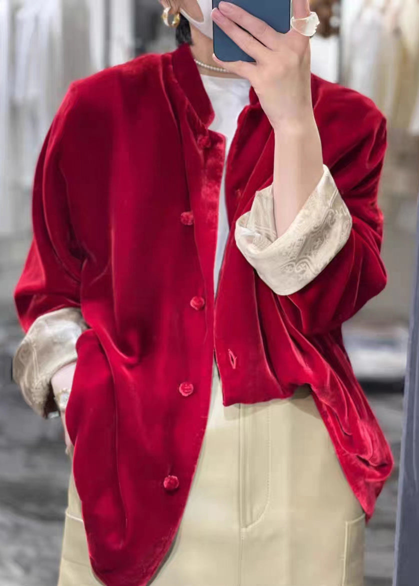 Kirsten™ - New Wine Red Button Patchwork Silk Velour Blouses Autumn