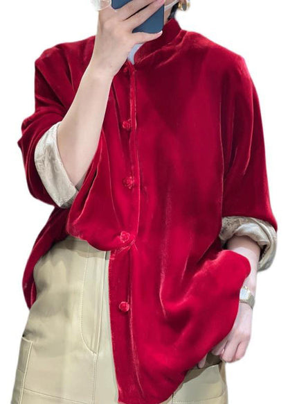 Kirsten™ - New Wine Red Button Patchwork Silk Velour Blouses Autumn