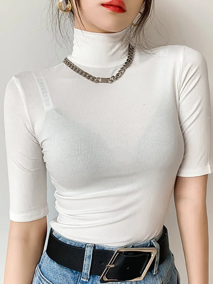 Ella™ - Basic Cotton T-Shirt Women's Turtleneck Sweater Short Sleeve
