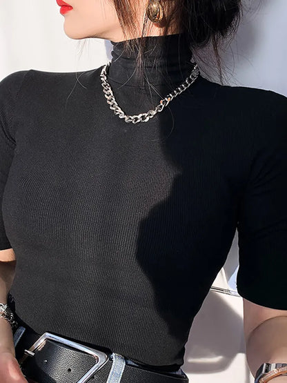 Ella™ - Basic Cotton T-Shirt Women's Turtleneck Sweater Short Sleeve