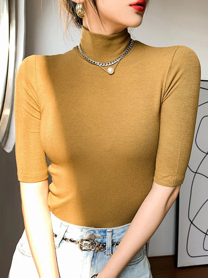 Ella™ - Basic Cotton T-Shirt Women's Turtleneck Sweater Short Sleeve