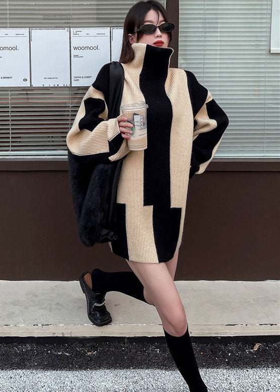 Lilian™ - Unique Black High Neck Striped Cozy Long Knitted Sweater Winter