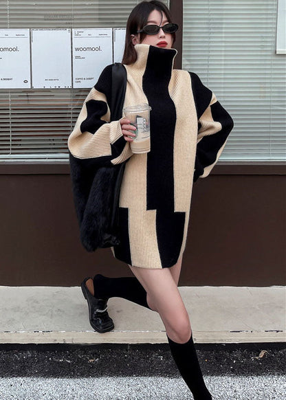 Lilian™ - Unique Black High Neck Striped Cozy Long Knitted Sweater Winter