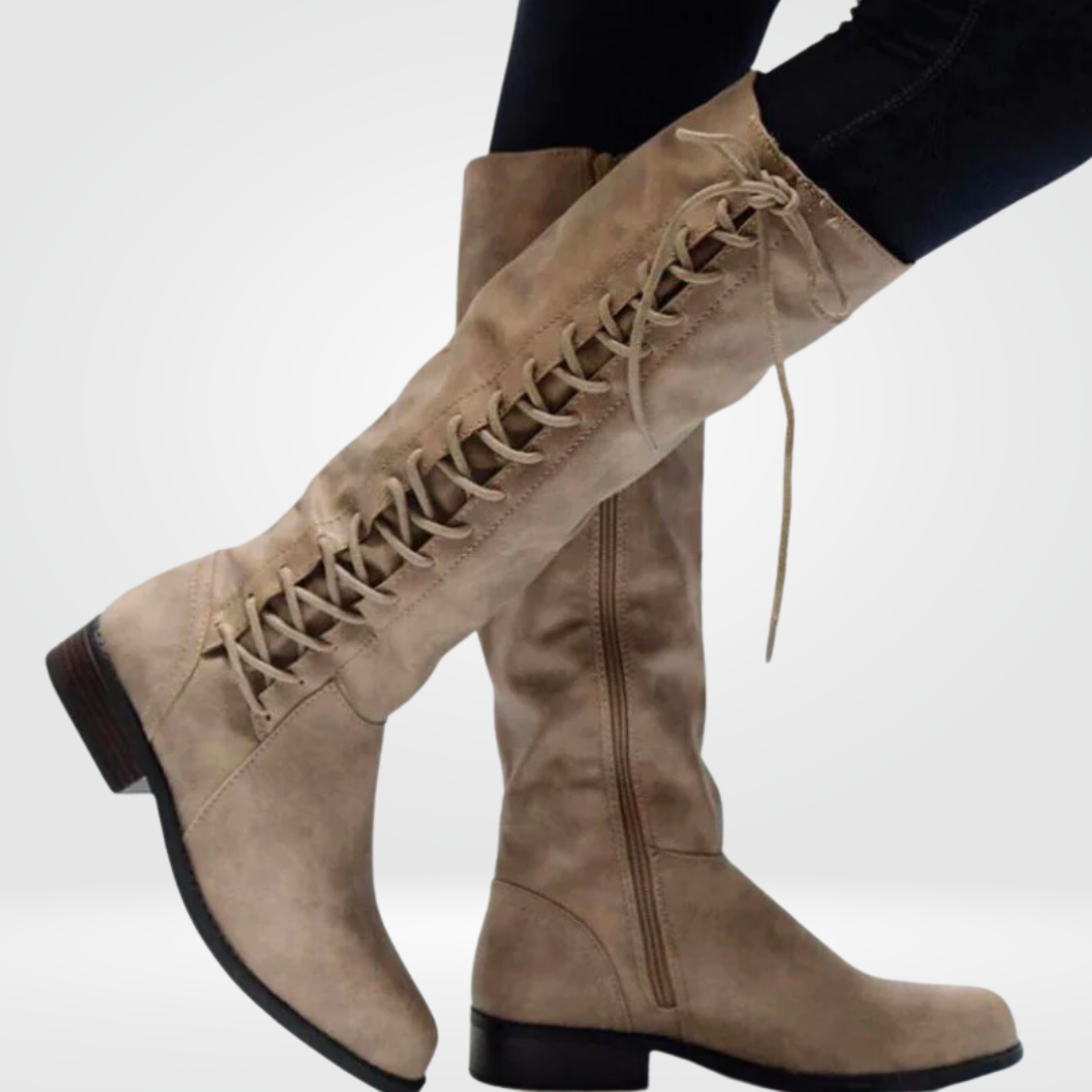 Women's boots with leather look, block heel, zipper and lacing 