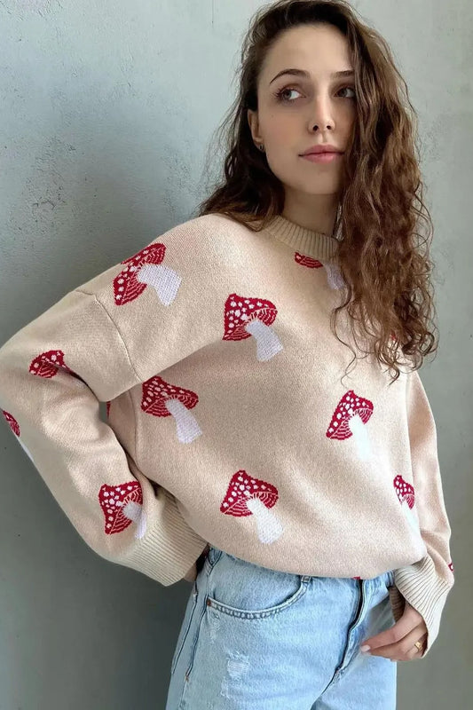 Cozy jacquard knit sweater with mushroom motif 