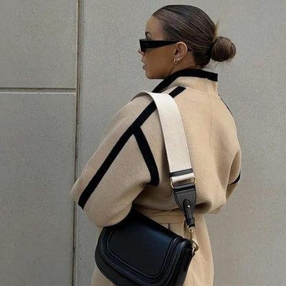 Elegant wrap-style blazer with contrasting details for women 