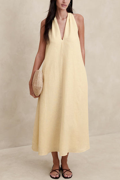 Karen | A-line midi dress with back twist in linen blend fabric
