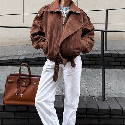 Oversized bomber jacket in suede look with asymmetrical zipper 