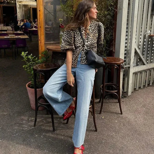 Blouse with leopard print, puff sleeves and bow detail 