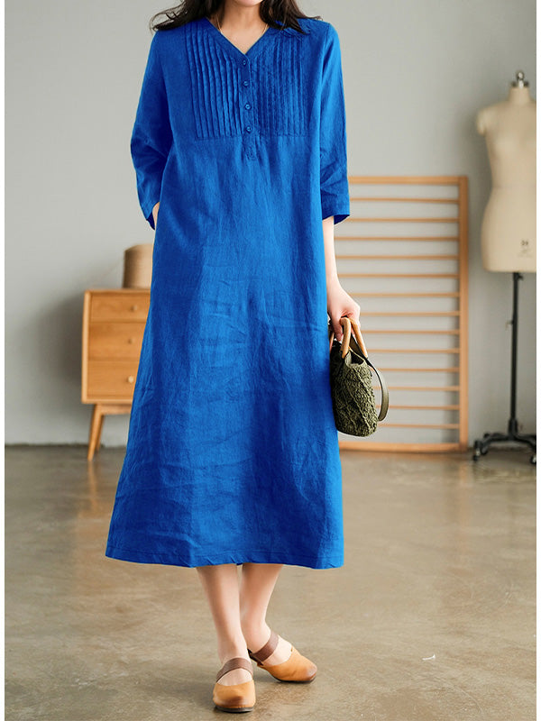 V-neck, short sleeves, gathered cotton, loose dress 