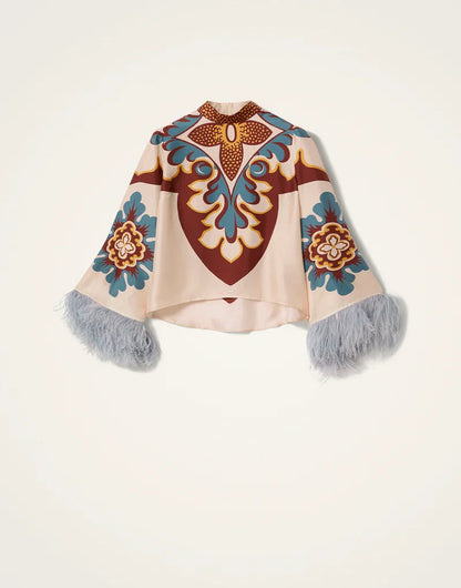 Boho top with bell sleeves, feather trim and high collar 