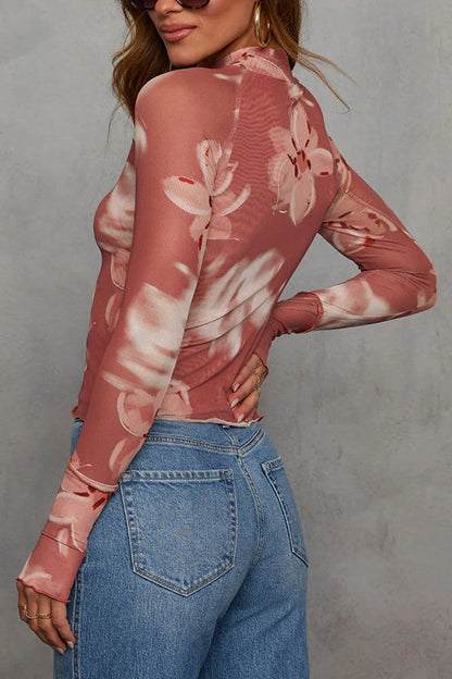 Floral printed slim fit long-sleeved casual top 