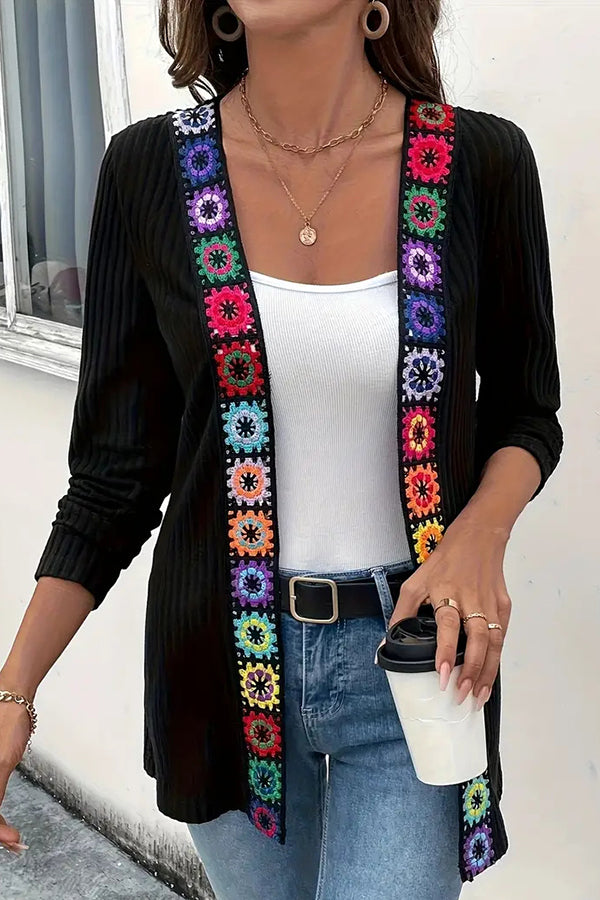 Boho knit cardigan with floral trim and long sleeves 