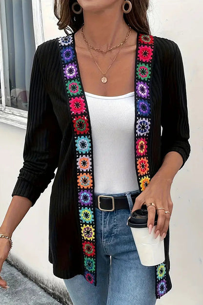 Boho knit cardigan with floral trim and long sleeves 