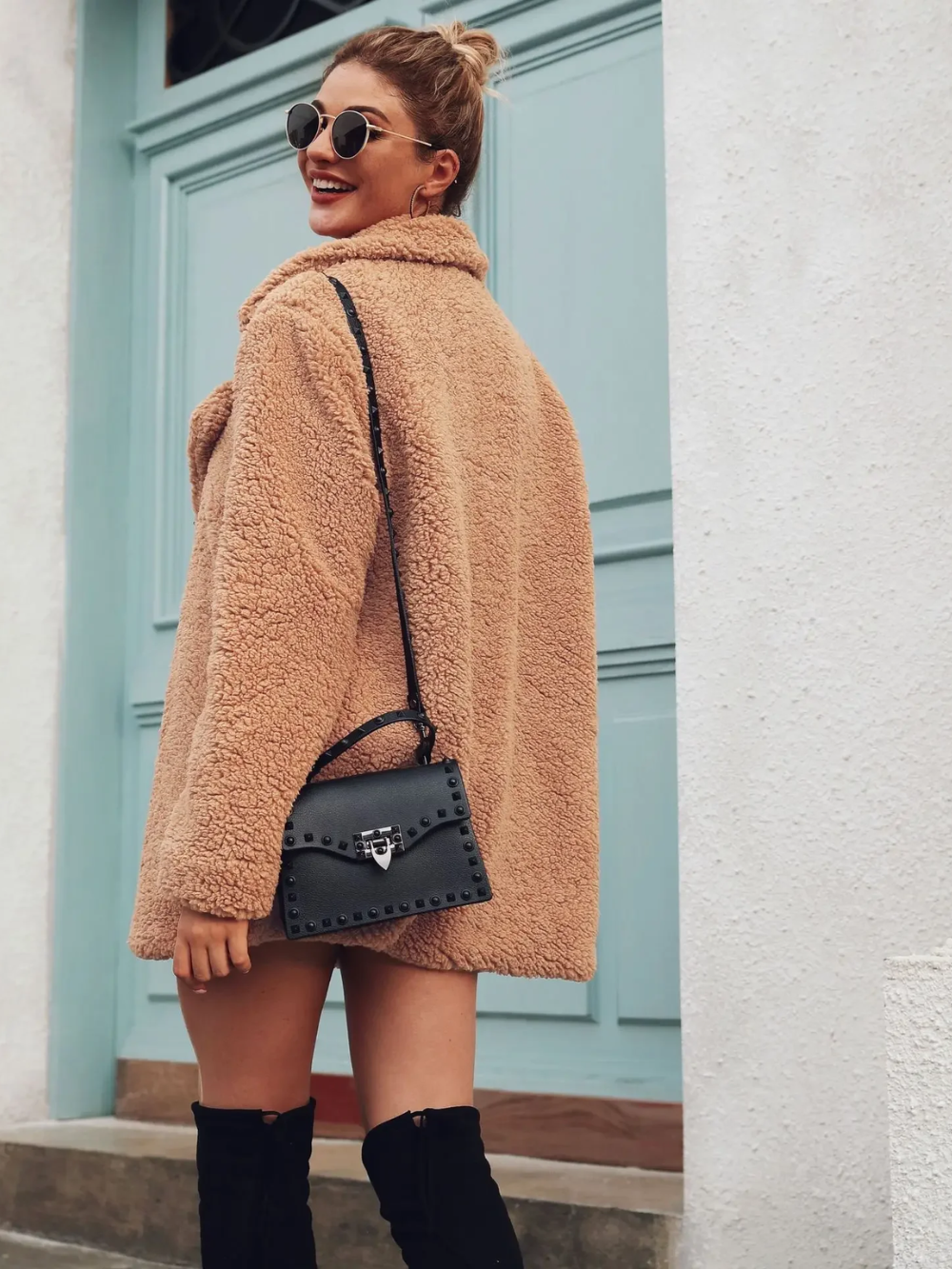 Cozy teddy plush short coat with lapel collar for women 