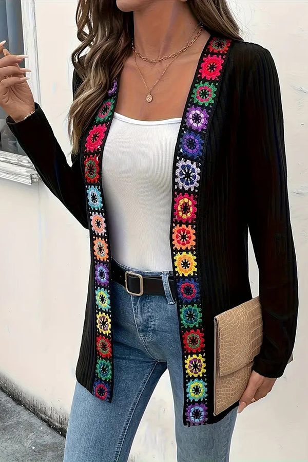 Boho knit cardigan with floral trim and long sleeves 