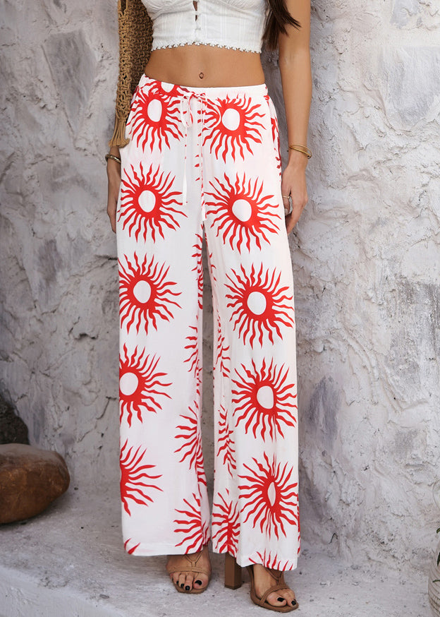 Women's loose-fitting, high-waisted, wide-leg sunflower print trousers 