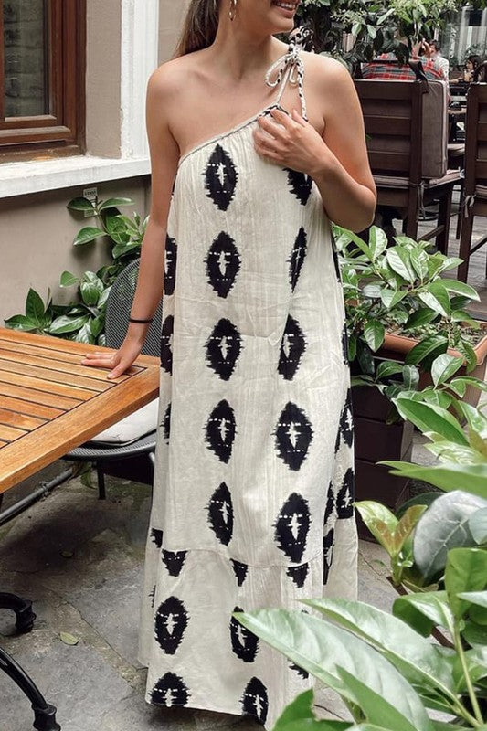 Karen | Printed white maxi dress with one-shoulder straps
