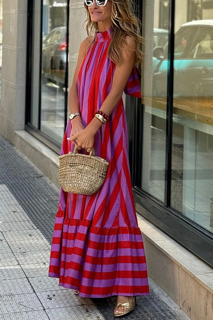 Karen | A-line maxi dress in a linen blend with a striped halter neckline