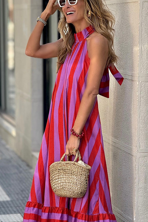 Karen | A-line maxi dress in a linen blend with a striped halter neckline