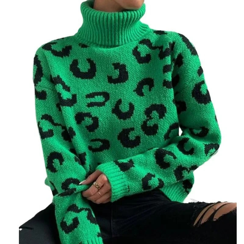 Anneliese™ - Casual turtleneck knit sweater with leopard print