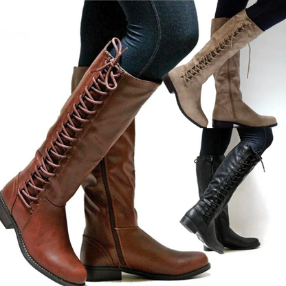 Women's boots with leather look, block heel, zipper and lacing 