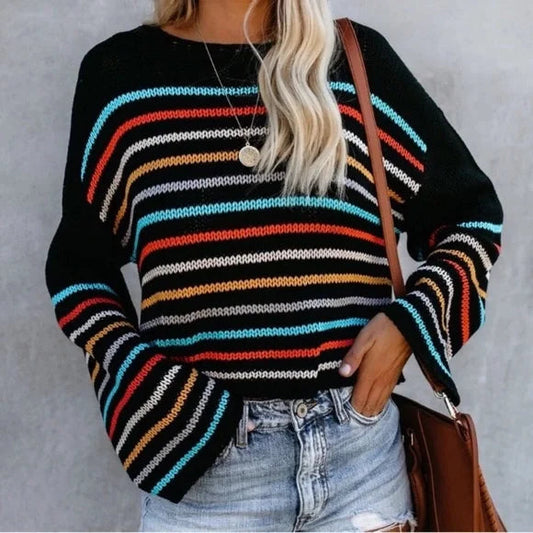 Cozy striped V-neck knit sweater for casual-chic looks. 