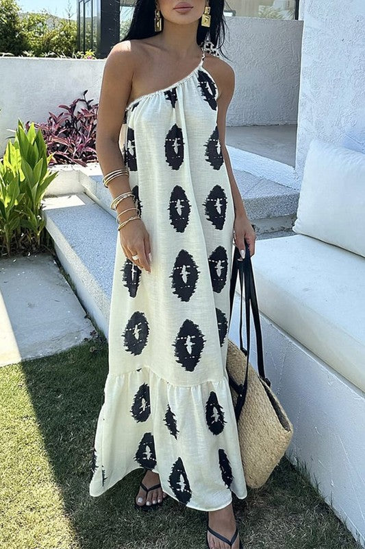 Karen | Printed white maxi dress with one-shoulder straps