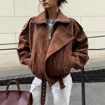Oversized bomber jacket in suede look with asymmetrical zipper 