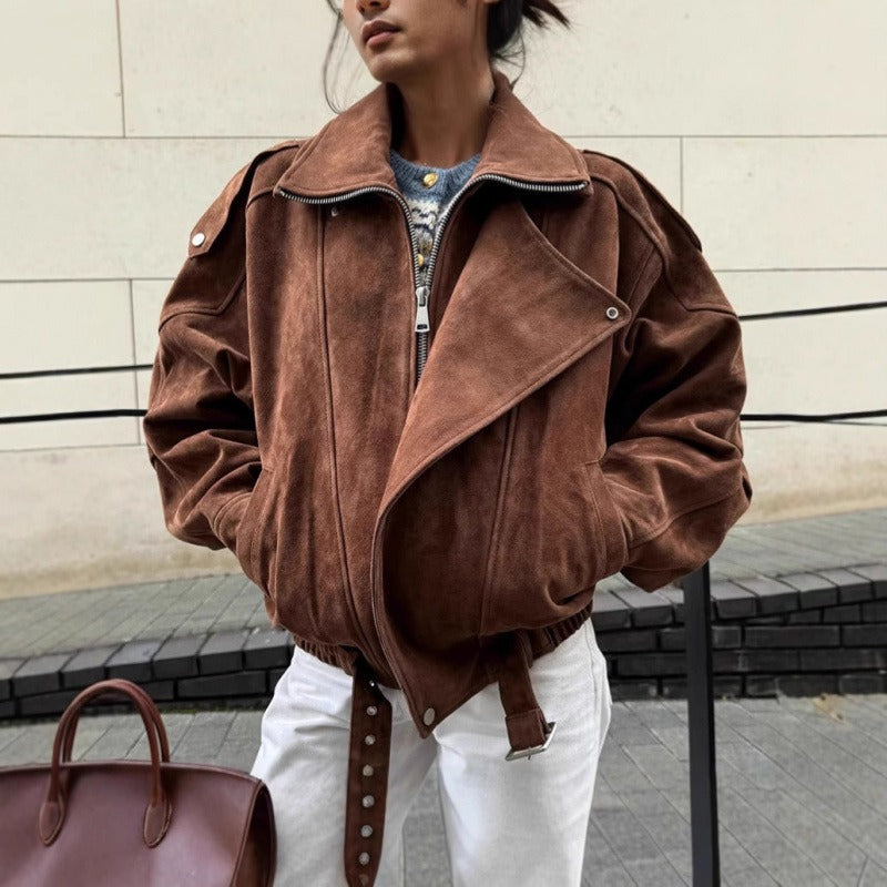 Oversized bomber jacket in suede look with asymmetrical zipper 