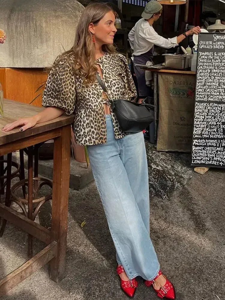 Blouse with leopard print, puff sleeves and bow detail 