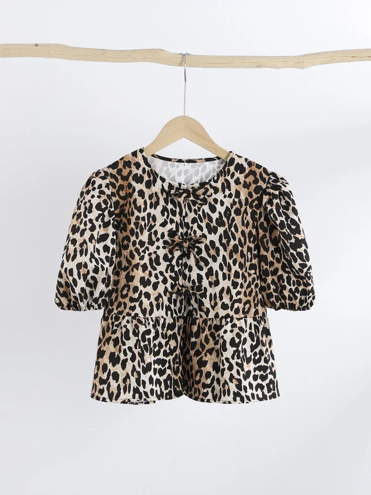 Blouse with leopard print, puff sleeves and bow detail 