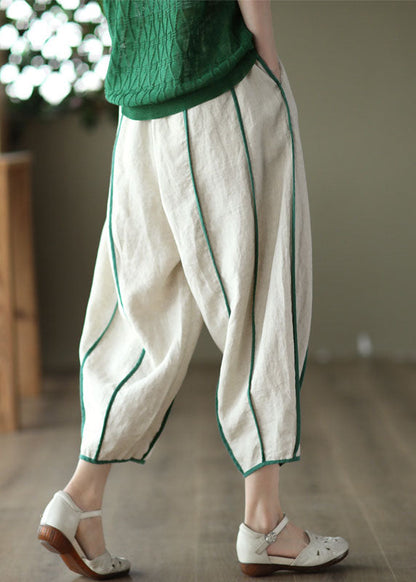 White linen patchwork harem trousers with pockets and stripes 