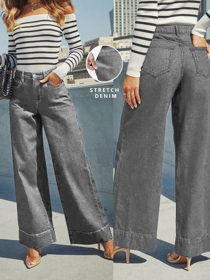 Jeans with a high waist, wide leg and stretchy denim fabric with a turn-up hem. 