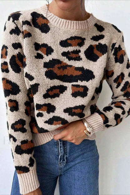 Stylish crew neck sweater with leopard print in block colors 