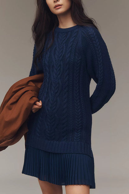 Knit dress with cable pattern and pleated chiffon hem 