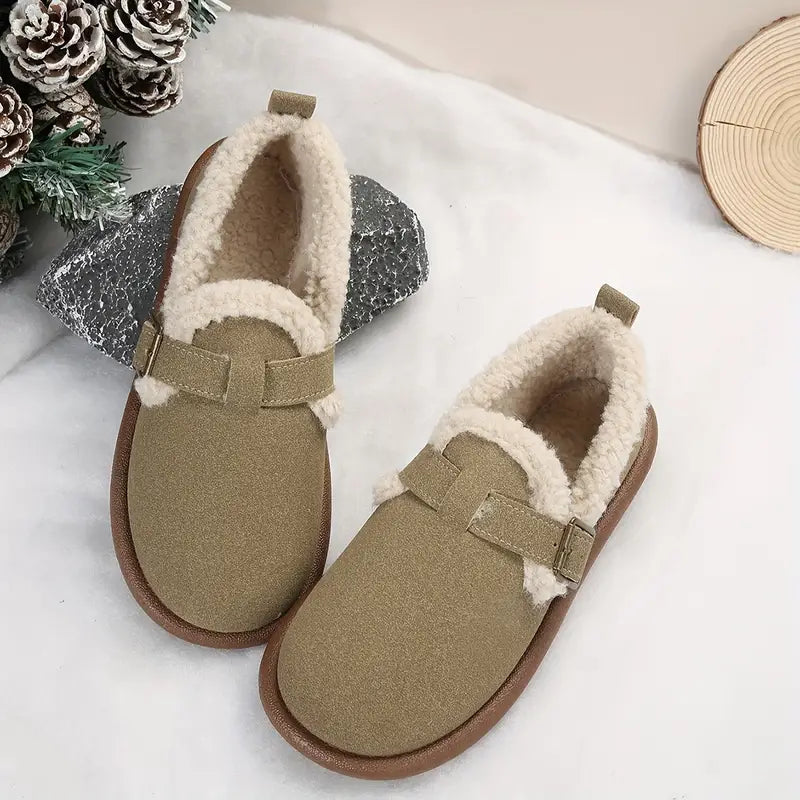 Comfortable fleece-lined slip-on ballerina flats with buckle straps 