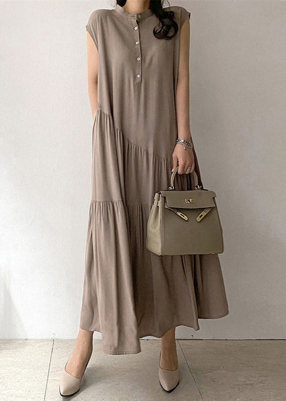 Women's long dress in khaki-colored cotton fabric with button pocket 