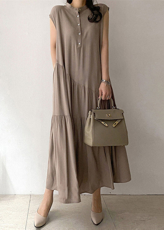 Women's long dress in khaki-colored cotton fabric with button pocket 